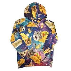 Funny Cat Taco Burrito Graphic Hoodie Youth XL Space Galaxy Novelty Pullover